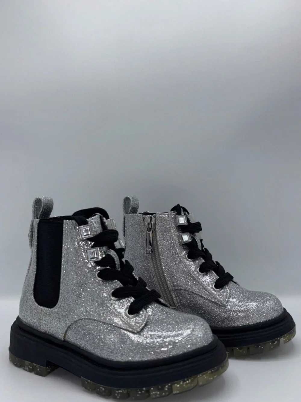 Nina Coelette Silver Grey Glitter Combat Lace-Up Boots Memory Foam Toddler 7